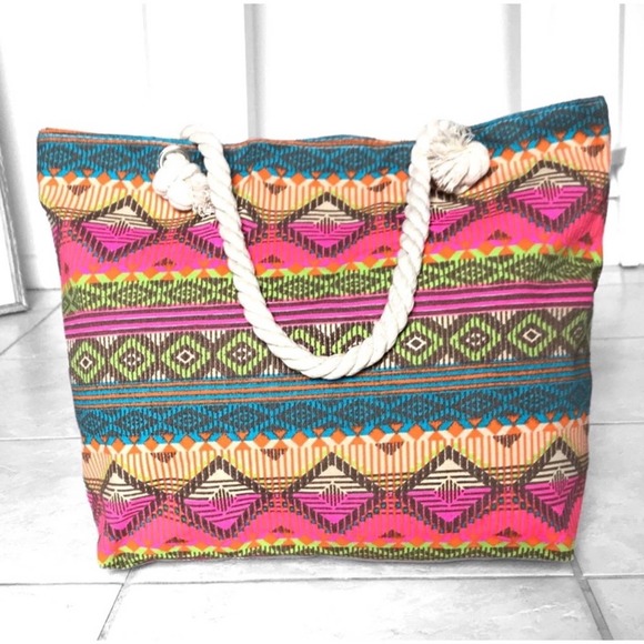 1 LEFT! Neon Aztec Vibrant Canvas Women’s Summer Beach Medium Size Tote Bag - Picture 2 of 2